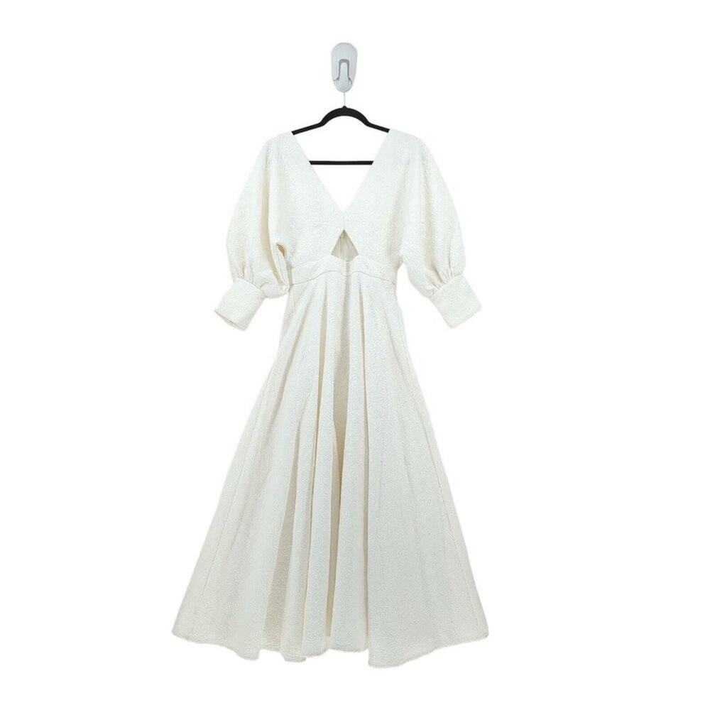 Asos Edition Women 4 Dress White Midi Cutout Blouson Sleeve Texture NEW FLAW